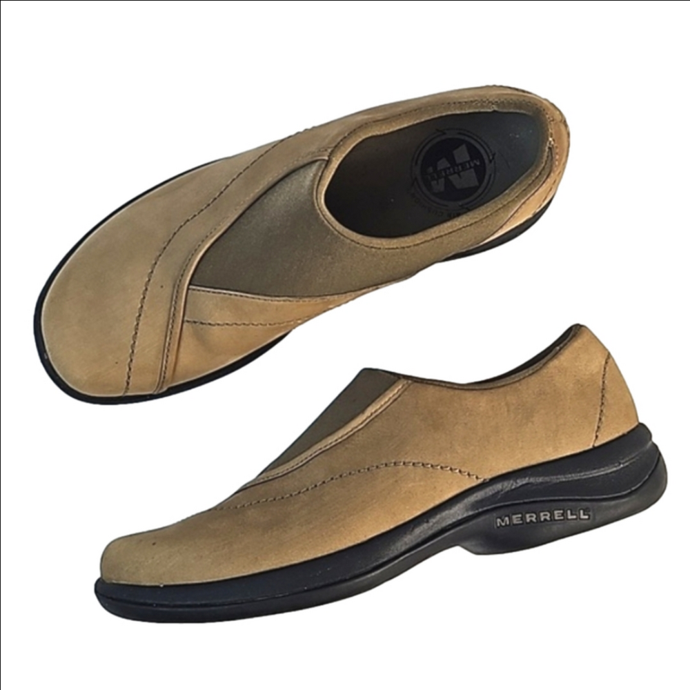 Merrell Topo Curve Stone Tan Leather Slip-on Air Cushion Comfort Shoe Size 8.5